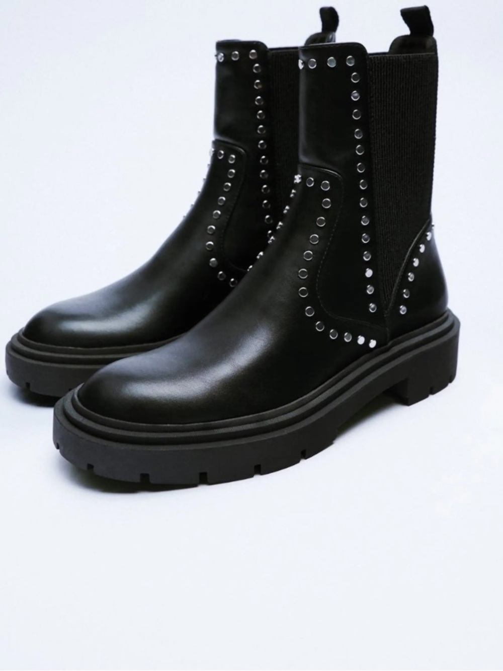 ZARA Black Vegan Leather Studded Lug Sole Chelsea Boots Ankle Moto Size 39